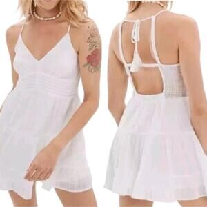 American Eagle White Tiered Strappy Babydoll Cottagecore Mini Dress Size Large